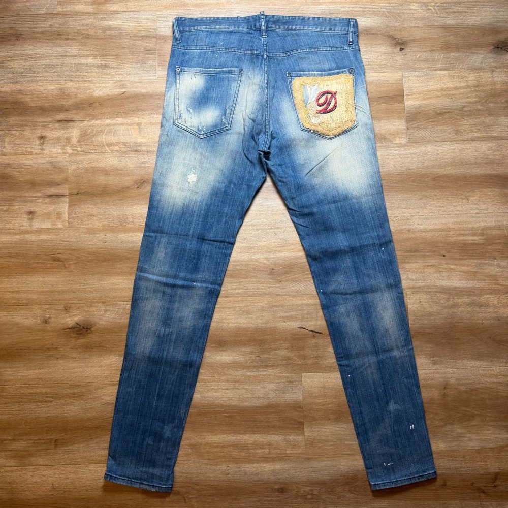 Dsquared2 Slim Jeans Mens 52 Blue Distressed Paint Splatter Made in Italy Denim